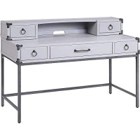 Benjara 5 Drawer Wooden Desk With Ring Pulls And Metal Braces, Gray
