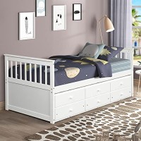 Twin Captains Bed, Twin Daybed With Trundle And 3 Storage Drawers, Twin Wood Platform Bed Frame With Headboard And Footboard For Kids Boys Girls Teens Adults, No Box Spring Need, White