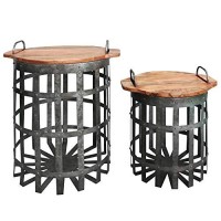 Benjara Industrial Grid Galvanized Accent End Table With Round Lid And Handles, Set Of 2, Gray And Brown