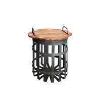 Benjara Industrial Grid Galvanized Accent End Table With Round Lid And Handles, Set Of 2, Gray And Brown