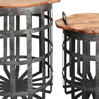 Benjara Industrial Grid Galvanized Accent End Table With Round Lid And Handles, Set Of 2, Gray And Brown