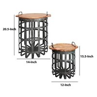 Benjara Industrial Grid Galvanized Accent End Table With Round Lid And Handles, Set Of 2, Gray And Brown