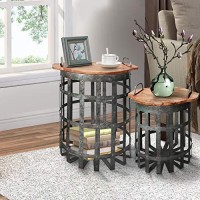 Benjara Industrial Grid Galvanized Accent End Table With Round Lid And Handles, Set Of 2, Gray And Brown