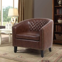 Homvent Accent Barrel Chair Upholstered Arm Club Chair Faux Leather Side Chairs Club Chair With Nailhead Tub Barrel Style And Solid Wood Legs For Living Room Bedroom Reception Room (Brown)