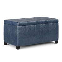 Simplihome Dover 36 Inch Wide Contemporary Rectangle Storage Ottoman Bench In Denim Blue Vegan Faux Leather, For The Living Room, Entryway And Family Room