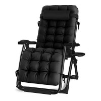 Oversized Zero Gravity Chair, Lawn Recliner, Reclining Patio Lounger Chair, Folding Portable Chaise, With Detachable Soft Cushion, Cup Holder, Adjustable Headrest, Support 500 Lbs (Black Cushion)