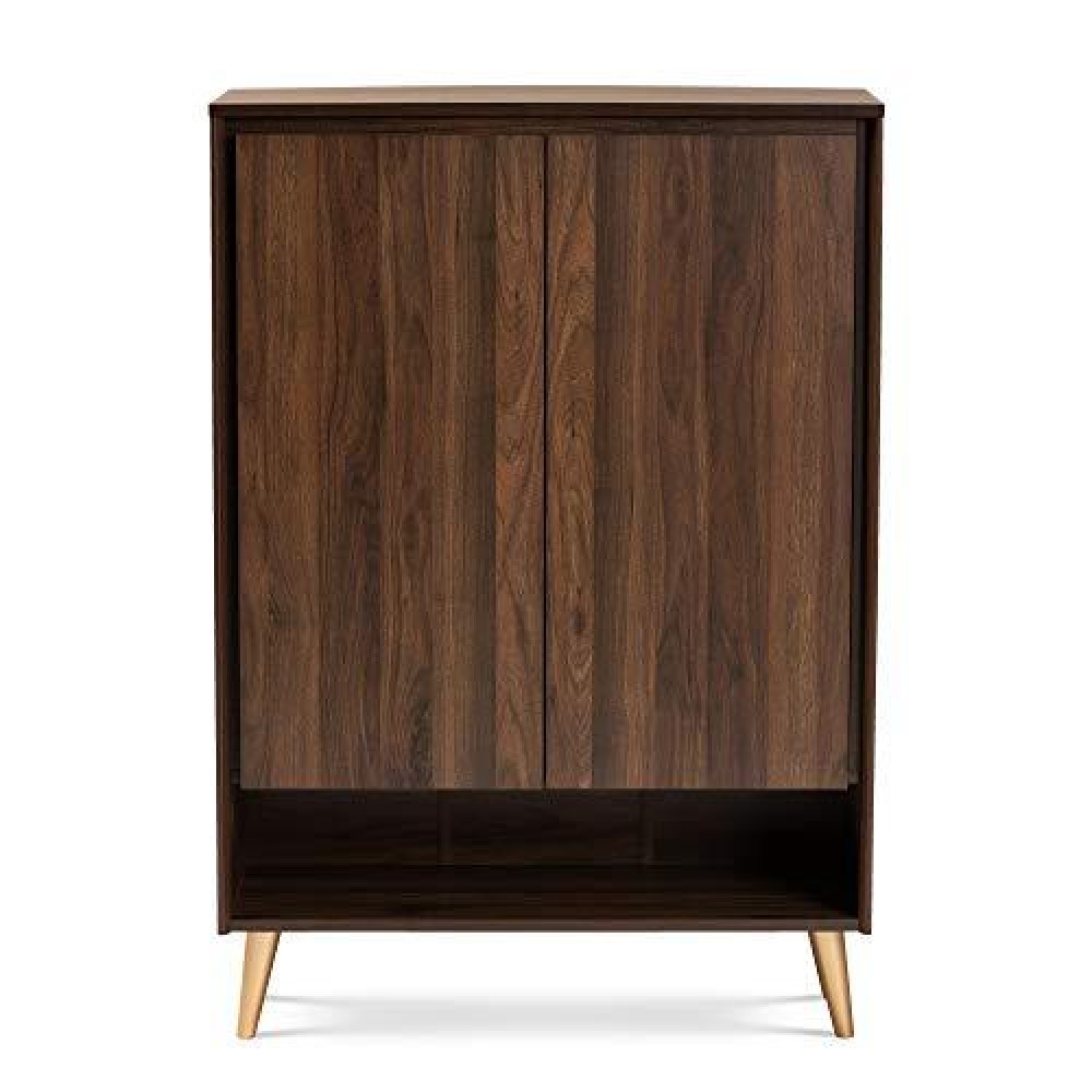 Baxton Studio Landen Mid-Century Modern Walnut Brown And Gold Finished Wood 2-Door Entryway Shoe Storage Cabinet