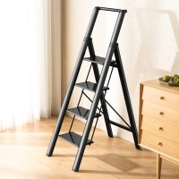 Gamegem 4 Steps Lightweight Aluminum Ladder Folding Step Stool Stepladders With Anti-Slip And Wide Pedal For Home And Kitchen Use Space Saving (Black)