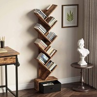 Rolanstar Bookshelf With Drawer, 9-Tier Tree Bookshelf, Wooden Bookshelves Storage Rack For Cds/Movies/Books, Rustic Brown Bookcase, Utility Organizer Shelves For Living Room, Bedroom