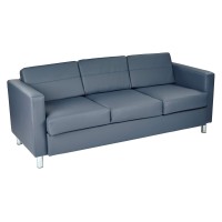 Office Star Pacific Sofa With Padded Box Spring Seats And Silver Finish Legs, Dillon Blue Faux Leather
