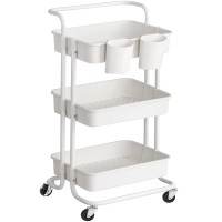 Songmics Rolling Cart, 3-Tier Storage Cart, Storage Trolley With Handle 2 Small Organizers, Steel Frame, Plastic Baskets, Utility Cart, Easy Assembly, For Bathroom Laundry Room, White Ubsc067W01