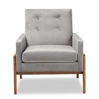 Baxton Studio Perris Mid-Century Modern Grey Velvet Fabric Upholstered And Walnut Brown Finished Wood Lounge Chair