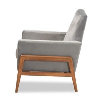 Baxton Studio Perris Mid-Century Modern Grey Velvet Fabric Upholstered And Walnut Brown Finished Wood Lounge Chair