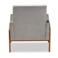 Baxton Studio Perris Mid-Century Modern Grey Velvet Fabric Upholstered And Walnut Brown Finished Wood Lounge Chair