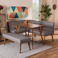 Baxton Studio Odessa Mid-Century Modern Grey Fabric Upholstered And Walnut Brown Finished Wood 4-Piece Dining Nook Set