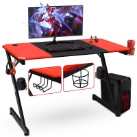 Powerstone Gaming Desk - Computer Desk 47 With Cup Holder Audio Stands Headphone Hook And 2 Cable Management Holes Large Gamer Workstation For Kids Adults, Z-Shaped, Red