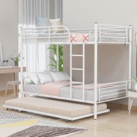 Mupple Twin-Over-Twin Metal Bunk Bed With Trundle,Can Be Divided Into Two Beds,No Box Spring Needed (White)