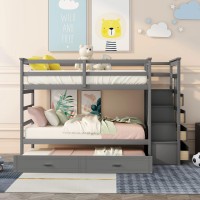 Trundle Bunk Bed, Twin Over Twin Trundle Bunk Bed Frame With Staircase And Drawers Offering For Kids And Teenagers. (Gray With Storage Drawers)