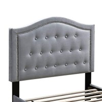 Benjara Button Tufted Queen Velvet Bed With Curved Headboard, Gray
