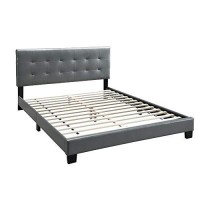 Benjara Queen Leatherette Bed With Checkered Tufted Headboard, Gray