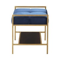 Benjara Metal Bench With Fabric Upholstered Plump Seats, Blue And Gold