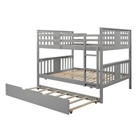 Julyfox Full Bunk Bed With Trundle, Full Size Bunk Bed Frame Gray With Ladder Heavy Duty No Box Spring Need Hard Wood Full Size Platform Bed Set Of 2 Space Saving