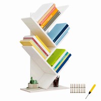 Qumeney Tree Bookshelf, 4-Tier Book Storage Organizer Shelves,Wood Tree Bookcase Display Cds,Albums,Files Holder, Free Standing Books Storage Rack For Office, Bedroom, Living Room (White)