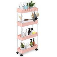 Kpx Slim Rolling Storage Cart Kitchen Small Shelves Organizer With Castersawheels Mobile Bathroom Slide Utility Cart, Small Shelf For Laundry Room, Make Up, Home School, Dorm Room (4-Tier, Pink)