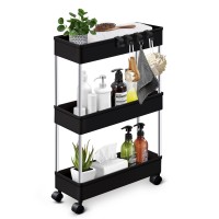 Kpx Slim Rolling Storage Cart Kitchen Small Shelves Organizer With Casters Wheels Mobile Bathroom Slide Utility Cart, Small Shelf For Laundry Room, Make Up, Home School, Dorm Room (3-Tier, Black)