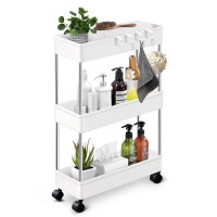 Kpx Slim Rolling Storage Cart Kitchen Small Shelves Organizer With Castersawheels Mobile Bathroom Slide Utility Cart, Small Shelf For Laundry Room, Make Up, Home School, Dorm Room (3-Tier, White)