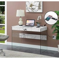 Convenience Concepts Soho Glass Desk With Charging Station, 42, Faux White Marble