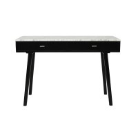 Bianco Contemporary Durable Viola Italian Carrara White Marble Writing Desk With Storage & Black Legs - 44, Rectangular