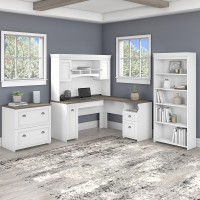Bush Furniture Fairview L Shaped Desk With Hutch, Lateral File Cabinet And 5 Shelf Bookcase, 60W, Shiplap Gray/Pure White