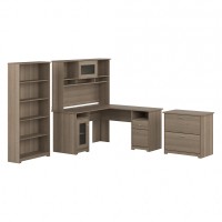 Bush Furniture L Shaped Desk With Hutch, 5 Shelf Bookcase And Lateral File Cabinet | Cabot Collection Corner Computer Table With Storage And Bookshelf, 60W, Modern Walnut