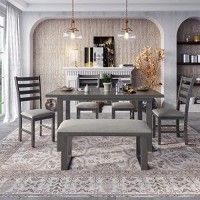 Lz Leisure Zone 6 Piece Dining Table Set, Dining Table And Chairs Set With Bench, Wood Rectangular Dining Table Set With 4 Upholstered Dining Chairs And Bench (Grey+Beige, 6 Piece)
