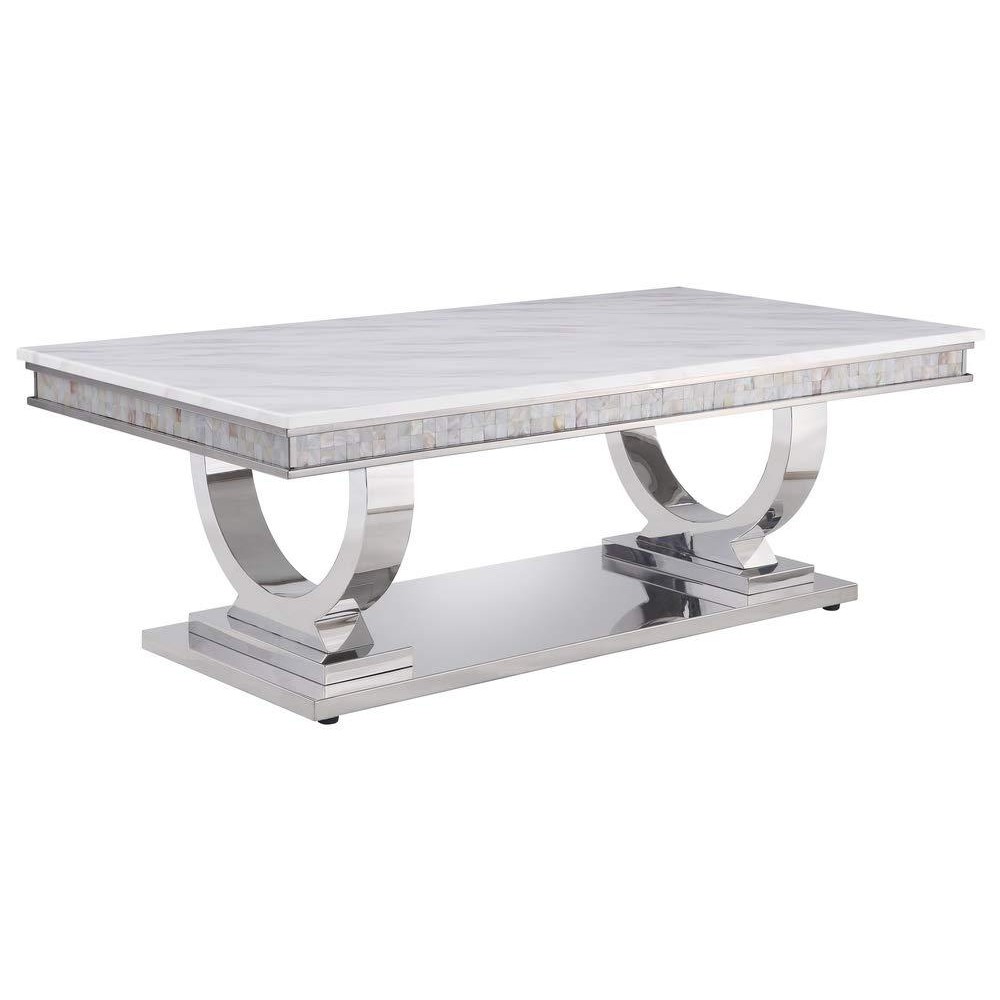 Acme Zander Coffee Table In White Printed Faux Marble And Mirrored Silver Finish