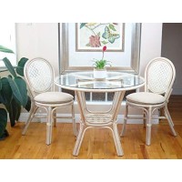 Denver Dining Set Of 2 Rattan Wicker Side Chairs With Cream Cushions And Round Table Glass Top White Wash