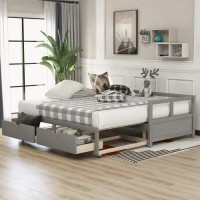 Klmm Extendable Daybed With Two Storage Drawers, Twin/King Size Foldable Daybed Solid Wood, Roll Out Trundle Accommodate Twin Size Mattresses (Gray)