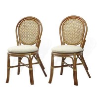 Sunbear Furniture Set Of 2 Denver Dining Side Chairs With Cream Cushions Handmade Design Eco Natural Wicker Rattan, Colonial