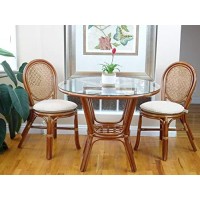 Denver Dining Set Of 2 Rattan Wicker Side Chairs With Cream Cushions And Round Table Glass Top Colonial