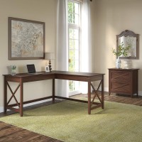 Bush Furniture Key West L Shaped Desk With 2 Drawer Mobile File Cabinet And 5 Shelf Bookcase, 60W, Linen White Oak
