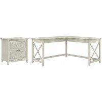 Bush Furniture Key West L Shaped Desk With 2 Drawer Mobile File Cabinet 60W Linen White Oak
