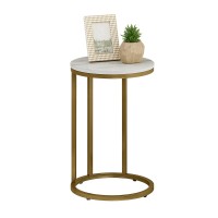 Function Home C Table End Table Round C Shaped Sofa Side Tables With Gold Metal Base And Faux White Marble Top Snack Accent Table For Coffee Laptop Living Room Bedroom Small Space