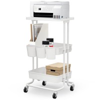 Caxxa 3-Tier Rolling Storage Organizer With Tabletop And 3 Small Baskets - Mobile Utility Cart, Printer Cart, Kitchen Cart (White)