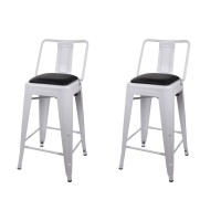 Gia 24-Inch Counter Height Square Metal Bar Stool Chair With Black Vegan Leather Seat, Set Of 2, White