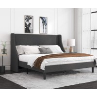 Allewie King Size Bed Frame, Platform Bed Frame With Upholstered Headboard, Modern Deluxe Wingback, Wood Slat Support, Mattress Foundation, Dark Grey