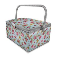 Sewing Basket With Blue Pink Rose Floral Design - Sewing Kit Storage Box With Removable Tray, Built-In Pin Cushion And Interior Pocket - By Adolfo Design