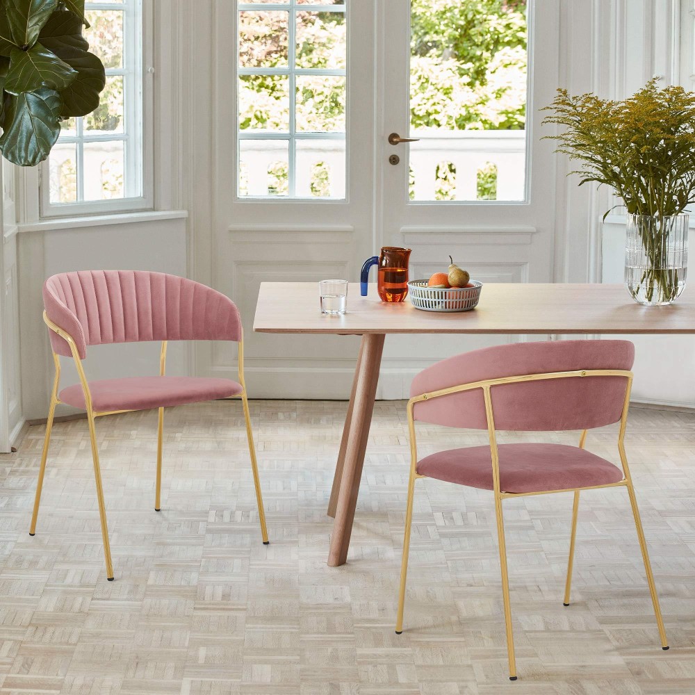 Armen Living Nara Modern Velvet And Gold Metal Leg Dining Room Chairs-Set Of 2, Pink