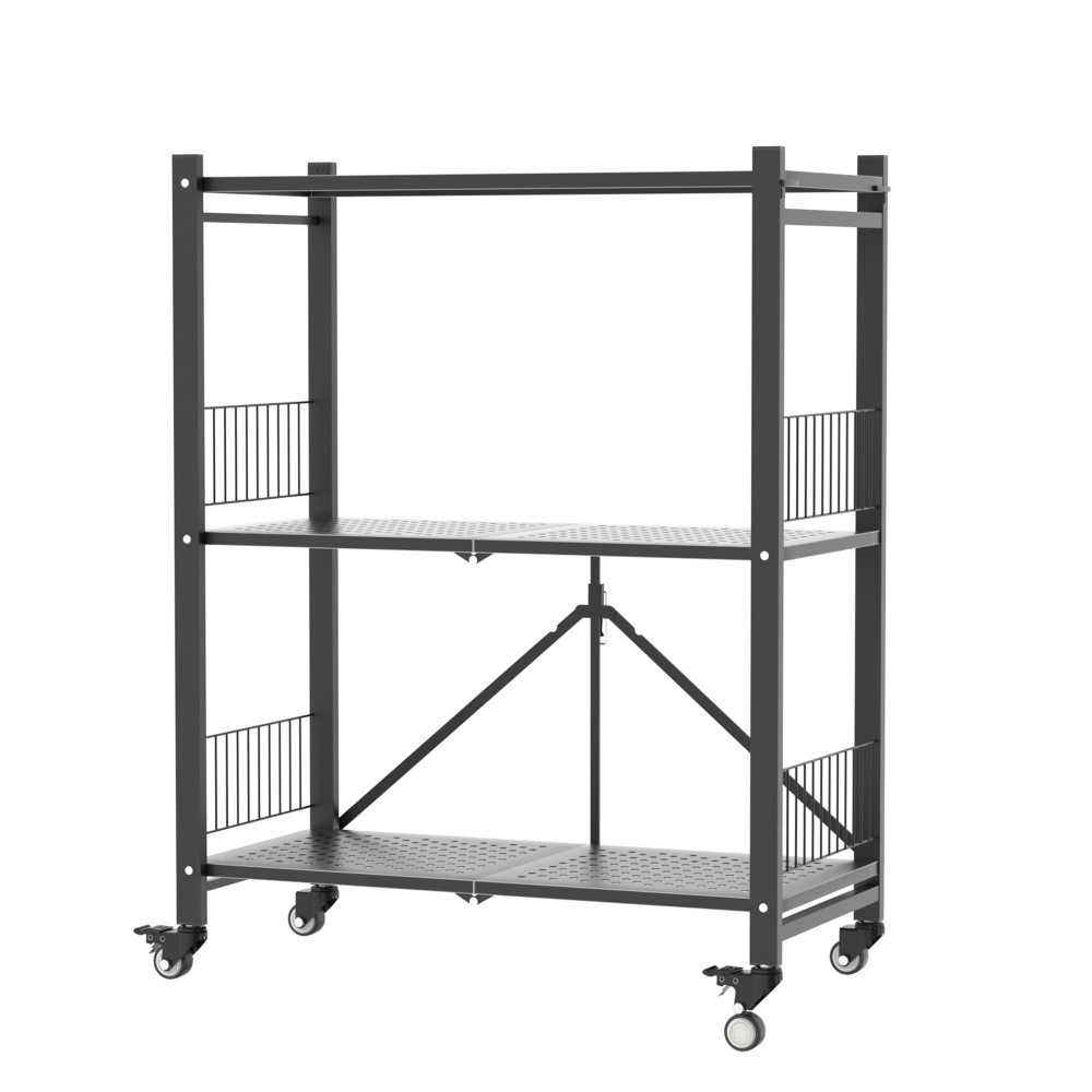 Folding Shelves For Display, 3-Shelf Foldable Storage Shelf Rack Shelving Cart On Rolling Wheels In Kitchen Warehouse Closet Patio Pantry Basement, Collapsible Shelves No Assembly (Black, 3-Tier)