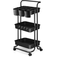 Azmall 3 Tier Utility Rolling Cart - Organizer Storage Cart Kitchen Cart Makeup Cart 3 Shelf Baby Tray Cart With Trolley Handles And Wheels For Bathroom Laundry Kids Room Bedroom Office (Black)
